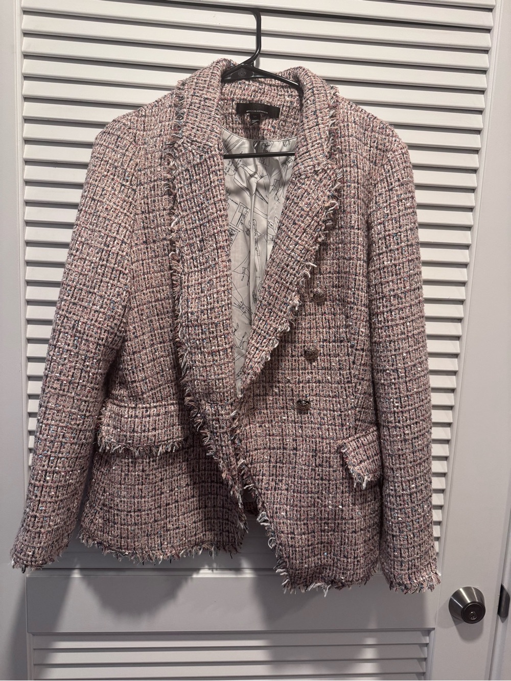 White House Black Market Pink Tweed Frayed Blazer Jacket